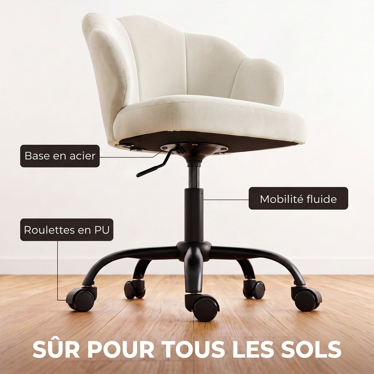 Chaise Bureau en Velours, Chaise Coiffeuse avec Dossier en Pétale, Hauteur Réglable, Fonction Bascule, Crème