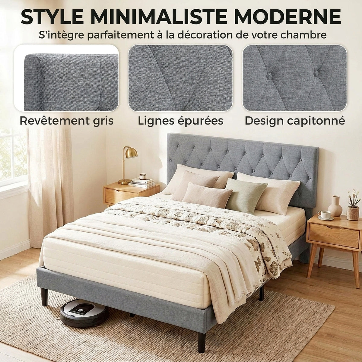 Estructura de cama de 140 x 190 cm con somier, cama doble tapizada en lino, cabecero capitoné, soporte de 10 listones, gris
