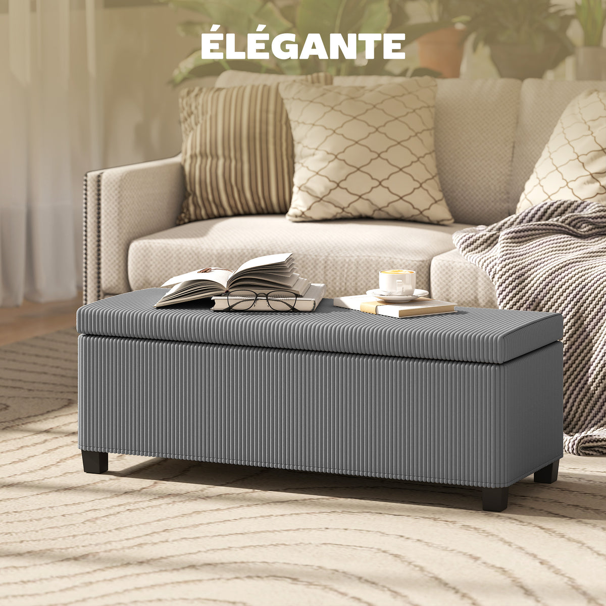 Banc de rangement bout de lit en velours côtelé avec couvercle, pour salon, chambre, entrée, 112 x 42 x 40 cm, gris