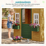 Cabane enfant extérieur en bois, maison enfant extérieure avec porte, fenêtres, 2 bacs à fleurs, 134,5x97x150cm, marron
