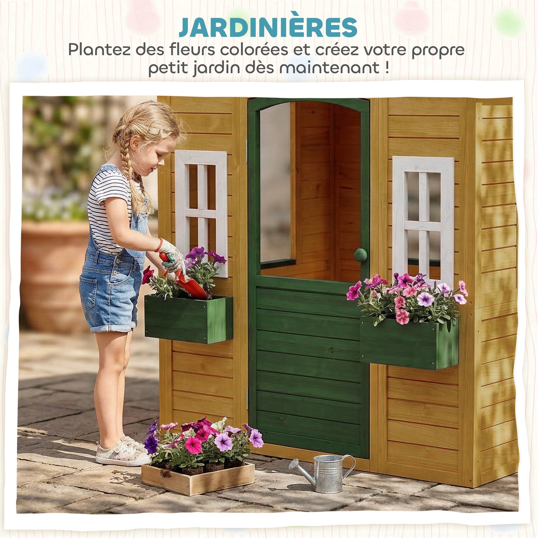 Cabane enfant extérieur en bois, maison enfant extérieure avec porte, fenêtres, 2 bacs à fleurs, 134,5x97x150cm, marron