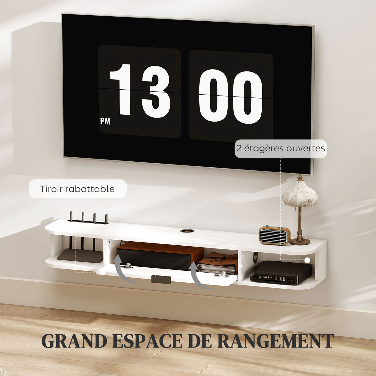 Hängendes TV-Board, Fernsehschrank für Fernseher bis 50 Zoll, Klappfach 2 Ablagen 120x24x16cm weiß