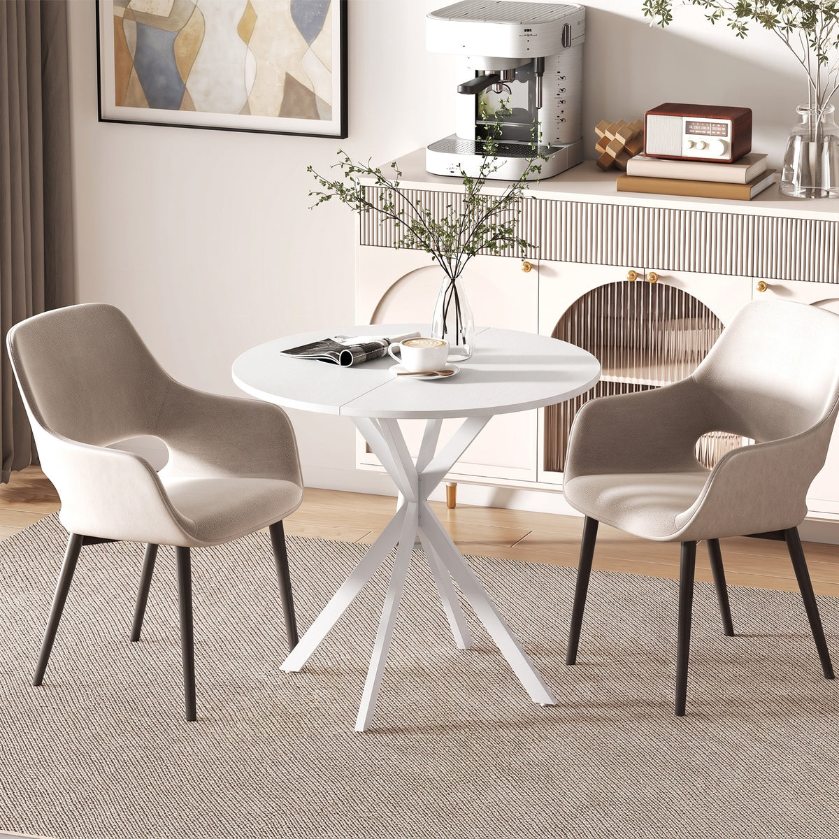 Ronde eettafel voor 2 personen met blad in houtlook en gekruist stalen onderstel, wit