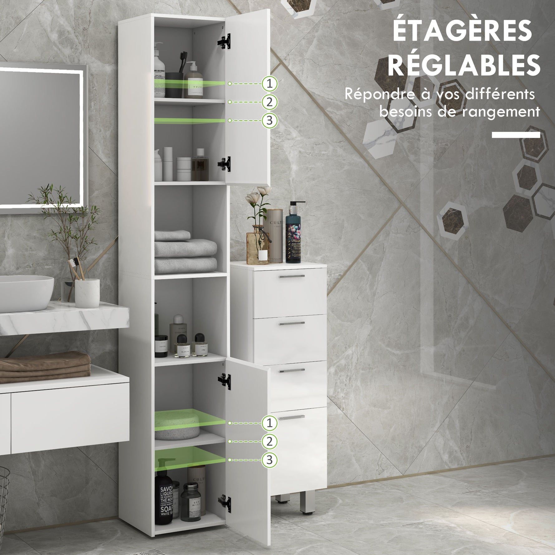 Meuble colonne de salle de bain 2 placards avec étagères réglables + 2 niches 30 x 30 x 181,5 cm blanc