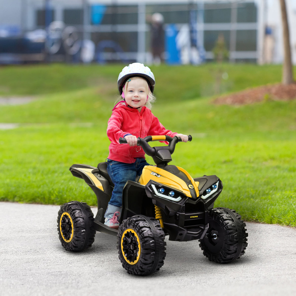 Quad électrique enfant 12 V, voiture électrique enfants 2 moteurs 2 vitesses 3-6 km/h, phares LED, klaxon, pour enfant de 3 à 5 ans, poignée et selle ergonomique, jaune