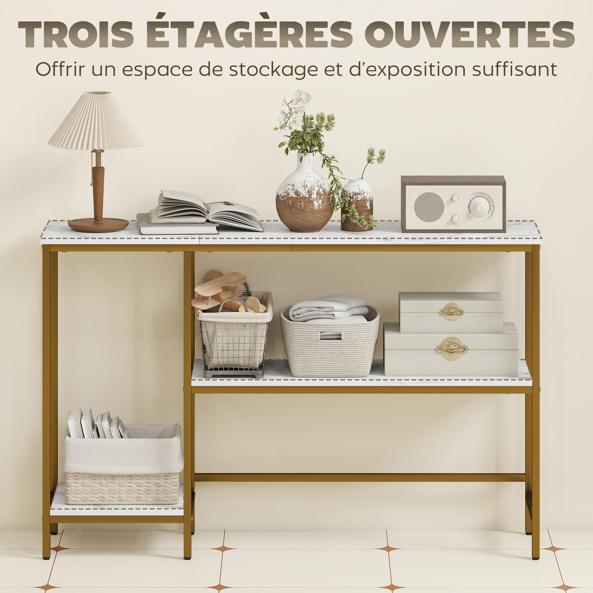 Console meuble 120 cm, table console 3 niveaux avec étagères de rangement, plateaux imitation marbre, blanc et doré