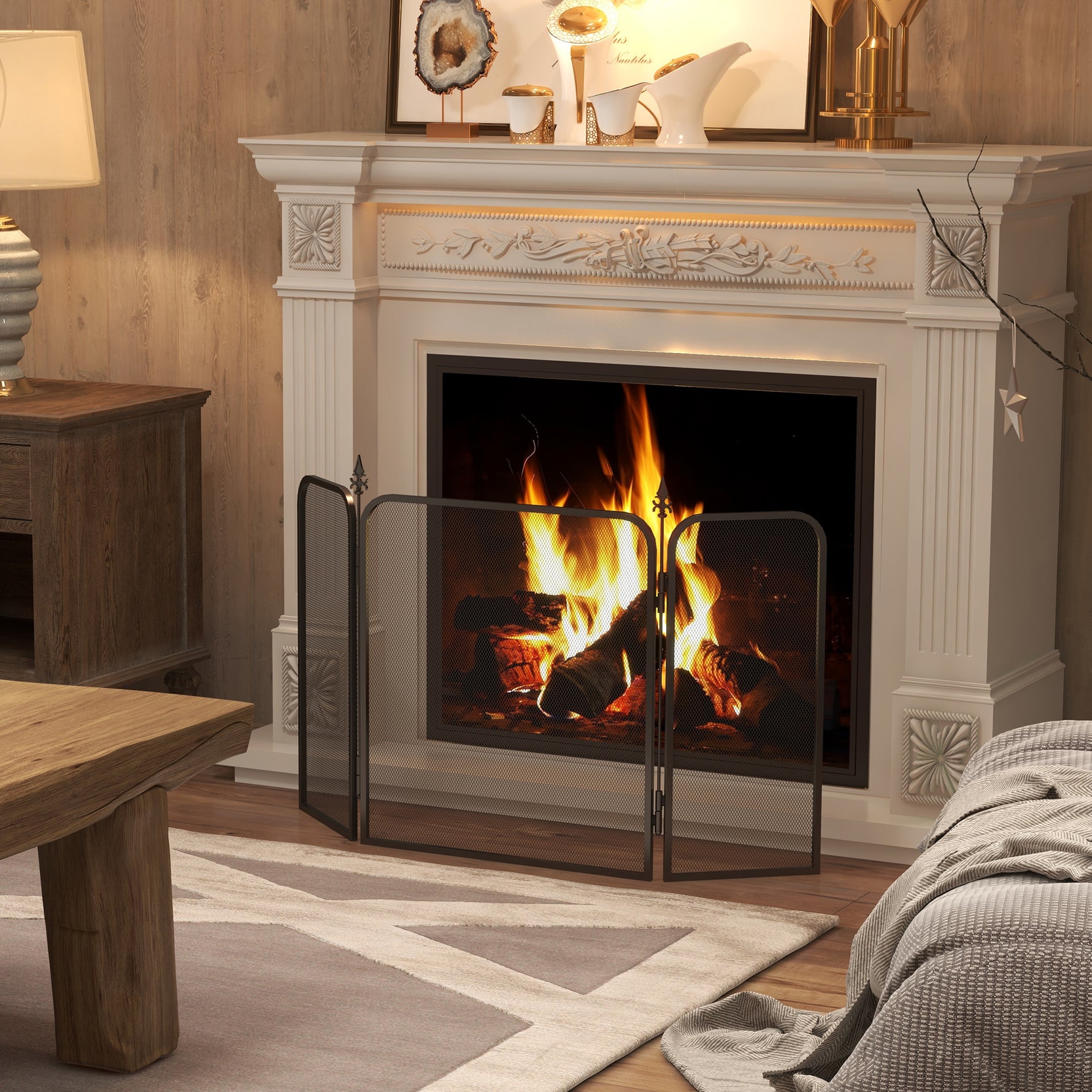 Pare feu cheminée pliable 3 panneaux, pare-étincelles cheminée, grille de protection cheminée en maille de métal noir