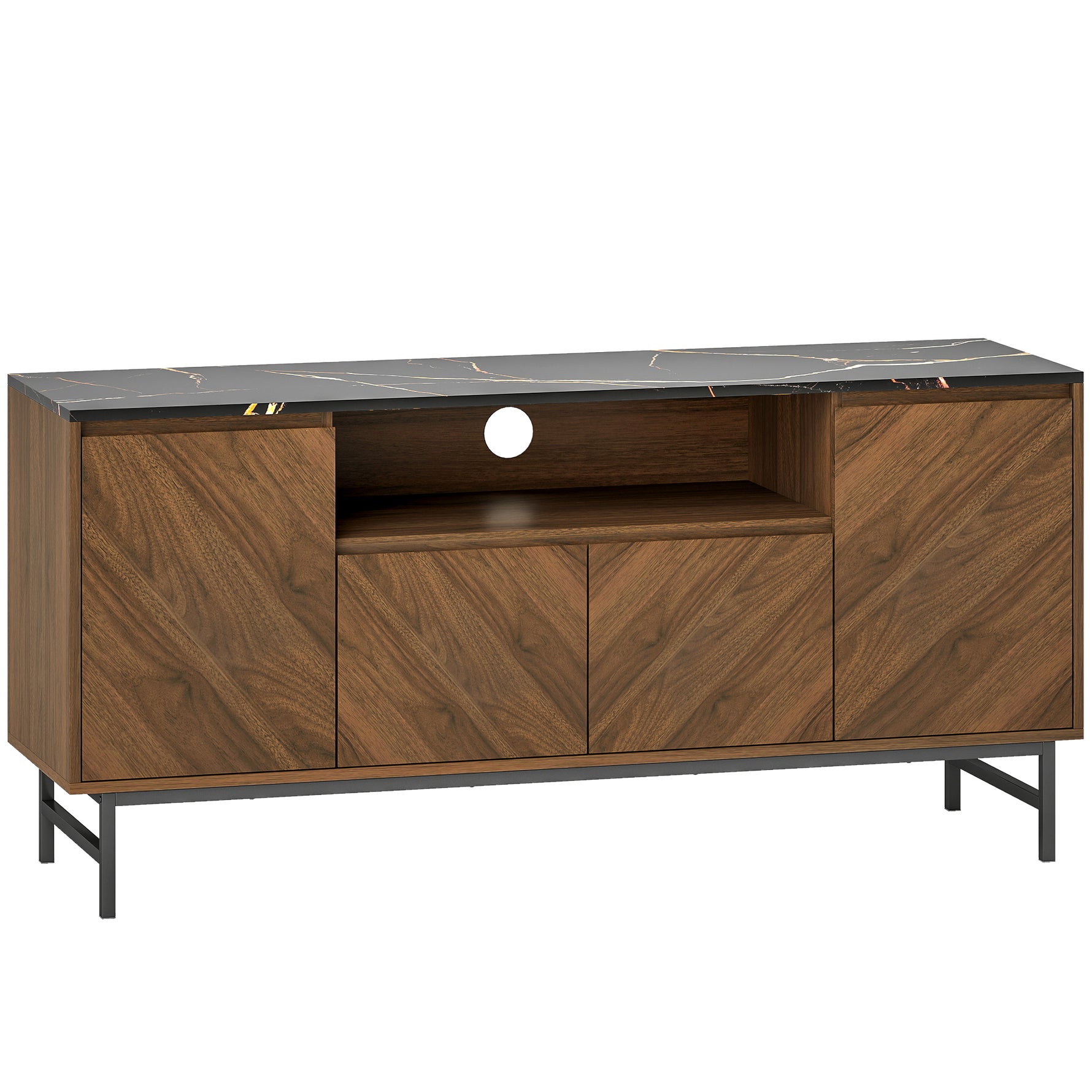 Meuble TV jusqu'à 65 pouces meuble télé bois avec compartiment ouvert et passe-câbles, effet marbre, 140x39x66cm, noyer