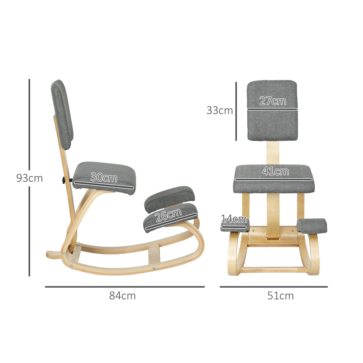 Siège assis genoux, siège ergonomique en bois à bascule avec dossier, chaise à genoux pour bureau à domicile, gris
