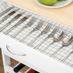 Carrello da cucina multi-ripiano, 2 armadietti, cassetto, portabottiglie da 9 posti, MDF bianco, piano in legno di gomma