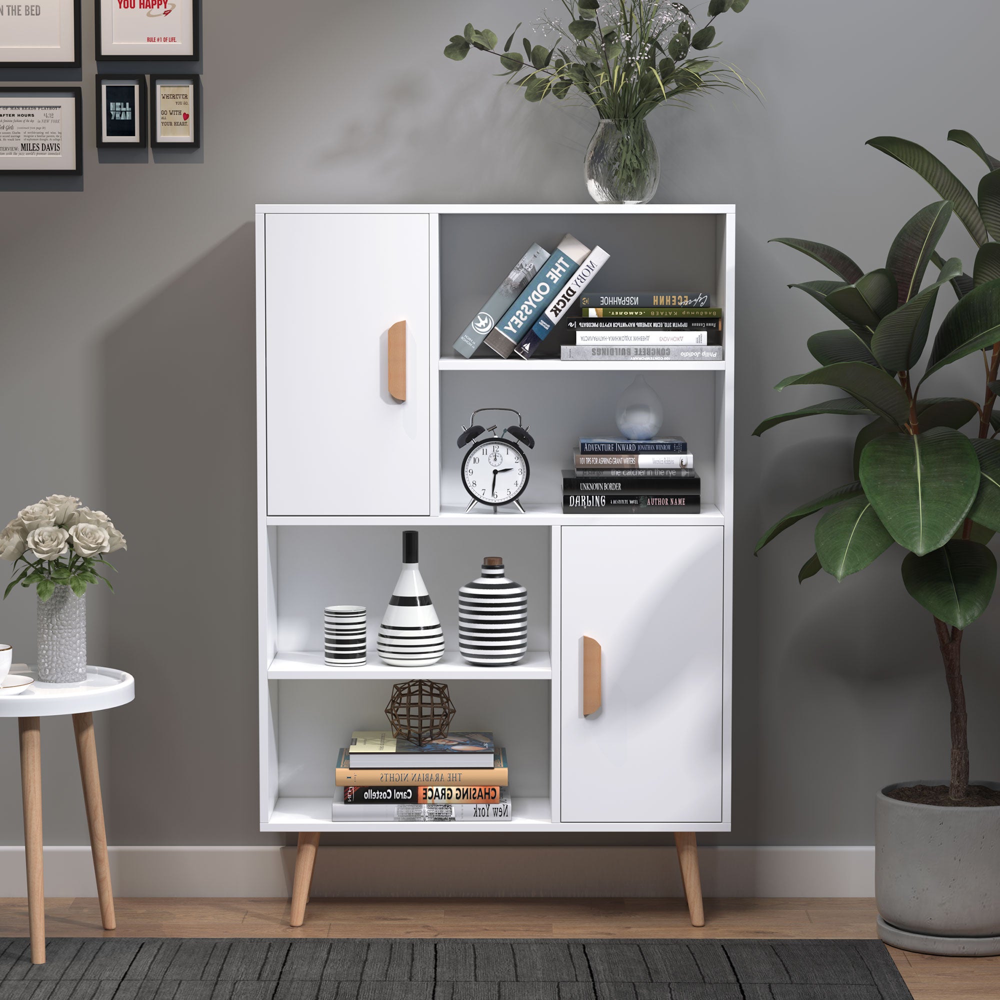 Skandinavisches Regal, 4 Fächer + 2 Schränke mit Einlegeboden, Maße 80B x 24T x 123H cm, konisch zulaufende Beine, Massivholz/Spanplatte, Weiß
