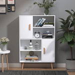 Bibliothèque scandinave 4 niches + 2 placards avec étagère dim. 80L x 24l x 123H cm Pieds effilés inclinés Bois Massif Panneaux Particules Blanc
