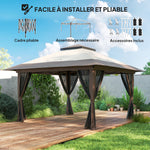 Gazebo da giardino pieghevole pop-up con doppio tetto protezione UV 50+ con 4 zanzariere con zip 4 x 4 m beige