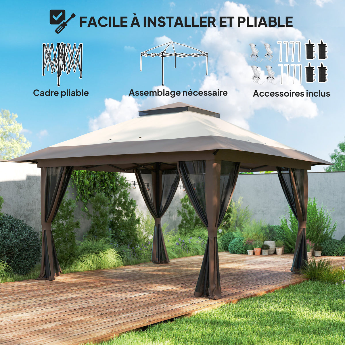 Gazebo da giardino pieghevole pop-up con doppio tetto protezione UV 50+ con 4 zanzariere con zip 4 x 4 m beige