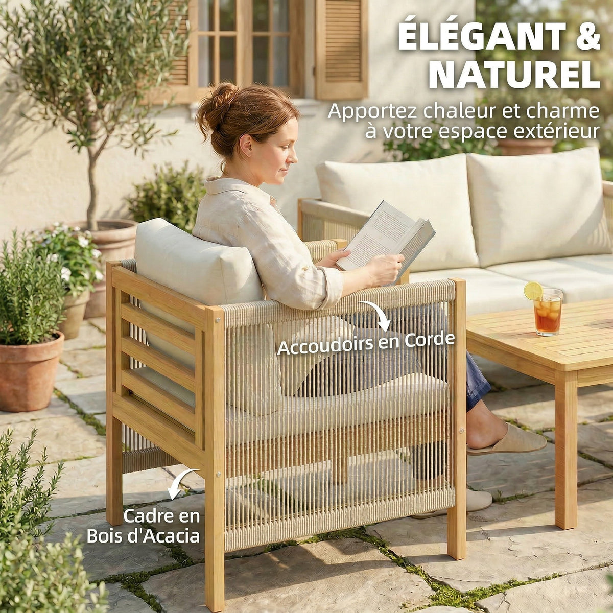 Salon de Jardin Ensemble de Mobilier 4 Pièces en Bois d'Acacia Coussins Déhoussables et Corde Tressée Naturel