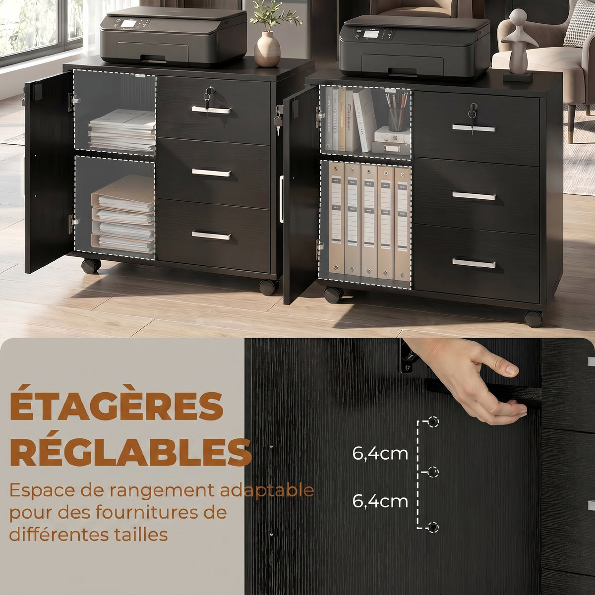 Caisson bureau meuble de rangement verrouillable avec 3 tiroirs et étagère réglable, roulettes, 40 x 60 x 56 cm, noir