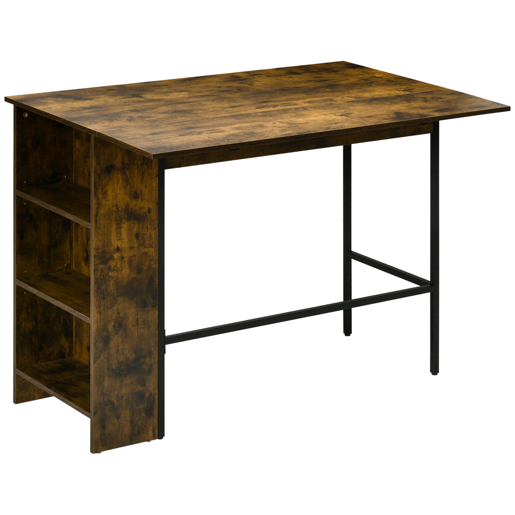 Ilot centra table de bar plateau latéral  rabattable et 3 étagères 120 x 76 x 91,4 cm Brun Rustique
