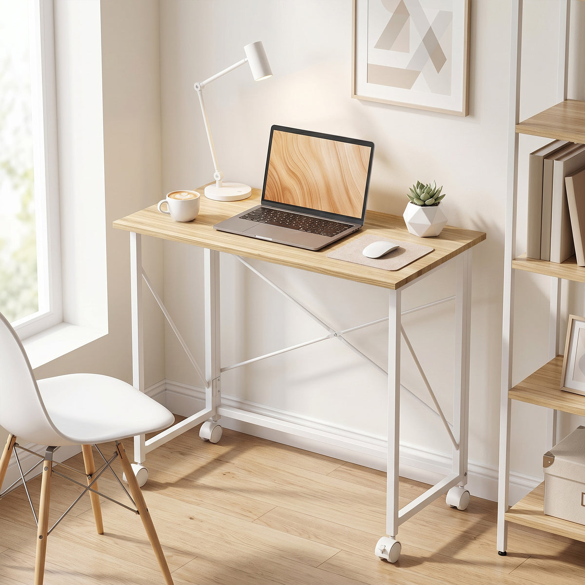 Bureau pliant table d'ordinateur 80 x 40 cm sur roulettes pour bureau à domicile, chambre, petits espaces, chêne
