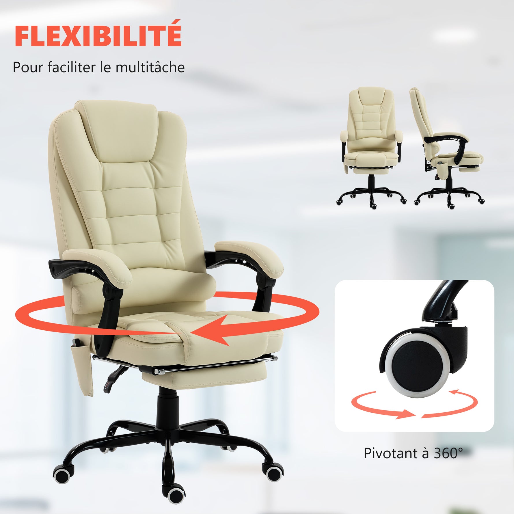 Fauteuil de bureau massant, chaise de bureau avec hauteur réglable, dossier inclinable et télécommande filaire, beige