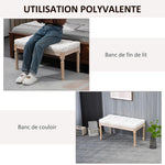 Banc bout de lit banquette capitonnée style vintage français revêtement tissu aspect lin pieds en bois massif crème