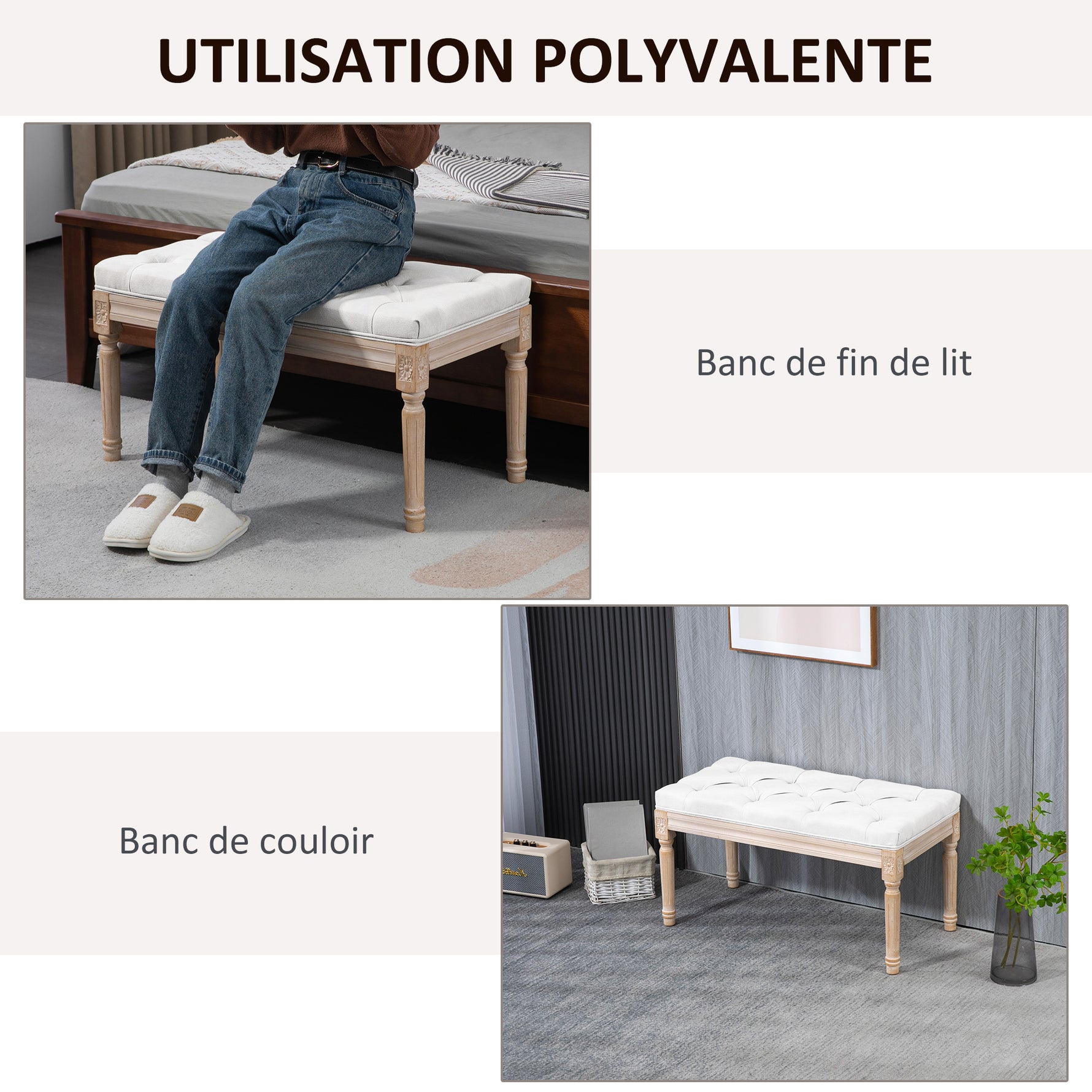 Banc bout de lit banquette capitonnée style vintage français revêtement tissu aspect lin pieds en bois massif crème