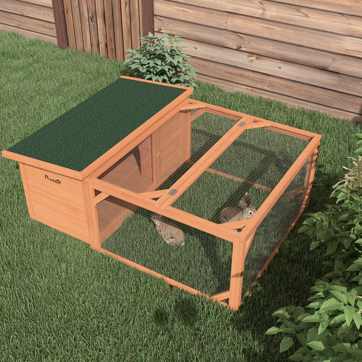 Clapier d'extérieur, cage lapin avec enclos, toit en asphalte, cadre en bois, 125,5 x 100 x 49 cm, orange