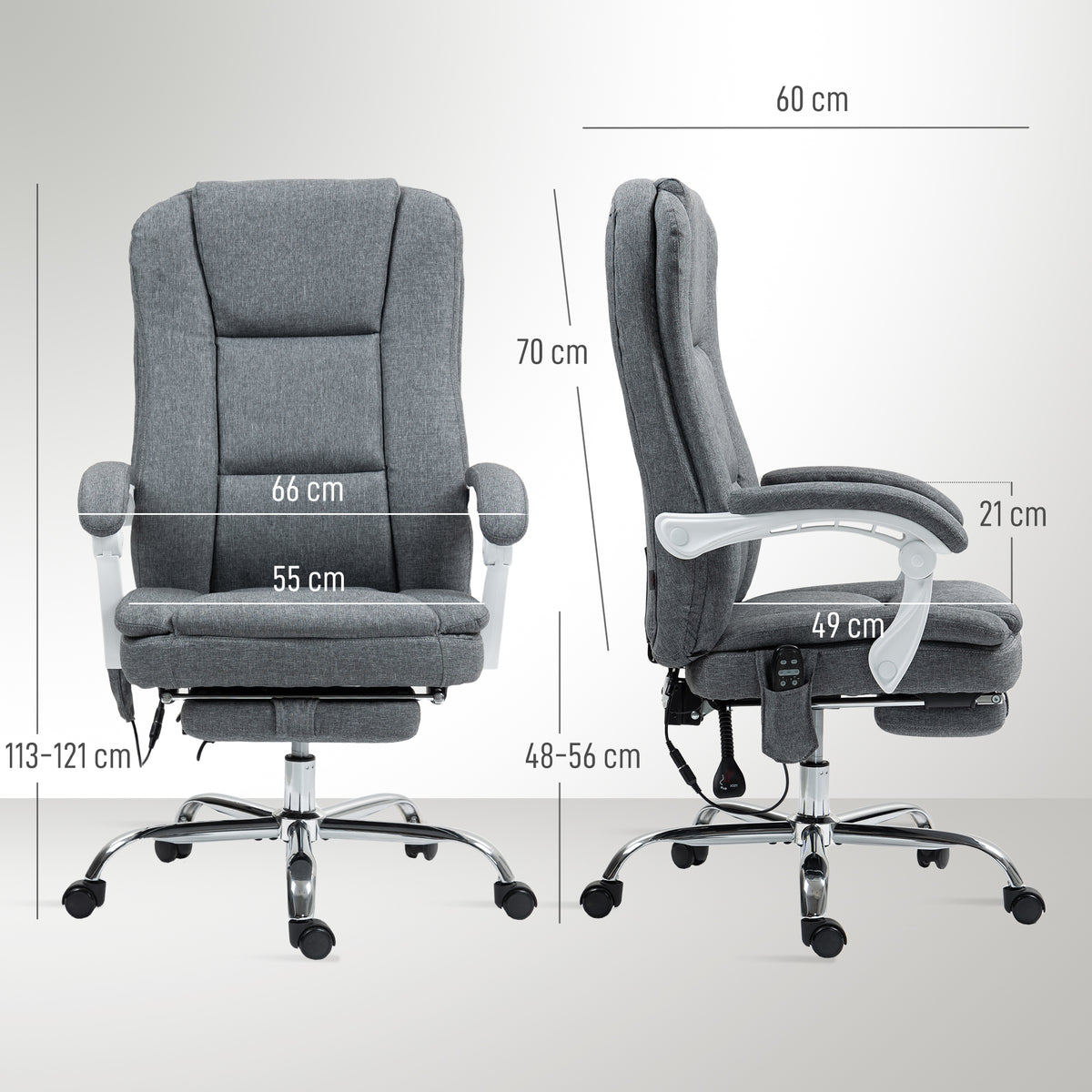 Fauteuil de bureau massant et chauffant chaise de bureau avec hauteur réglable dossier inclinable 66x60x113-121cm gris