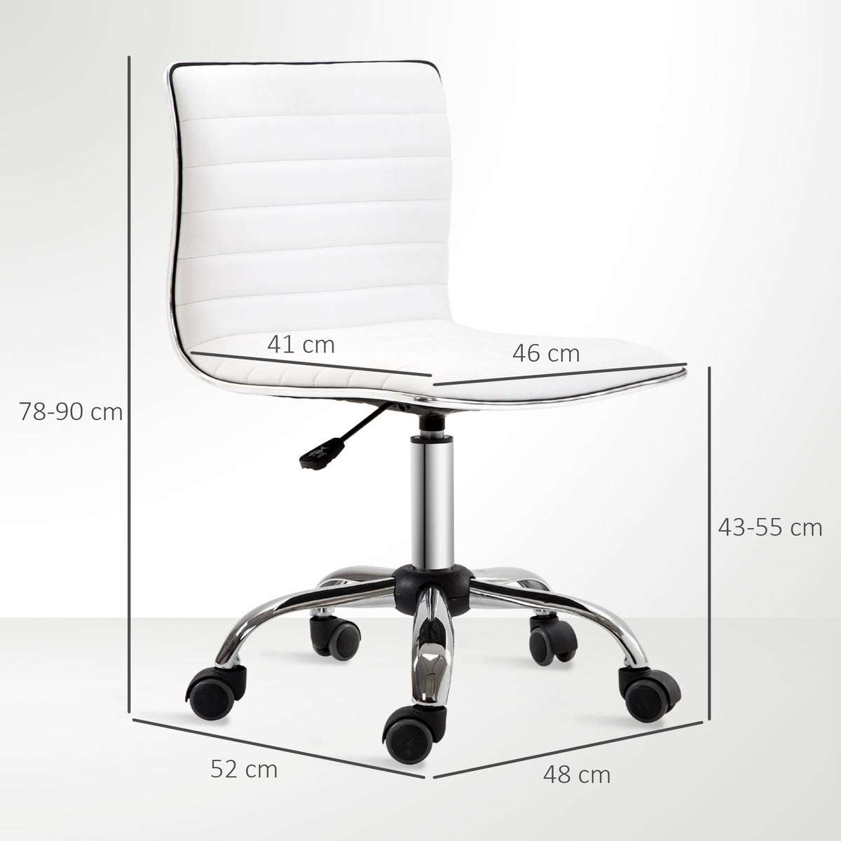 Chaise bureau sans accoudoirs, fauteuil de bureau, hauteur réglable, assise et dossier rembourrés, 48x52x78-90cm, blanc