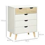 Commode 5 tiroirs meuble de rangement 4 pieds biseautés - bois, 60 x 40 x 77,5 cm, blanc
