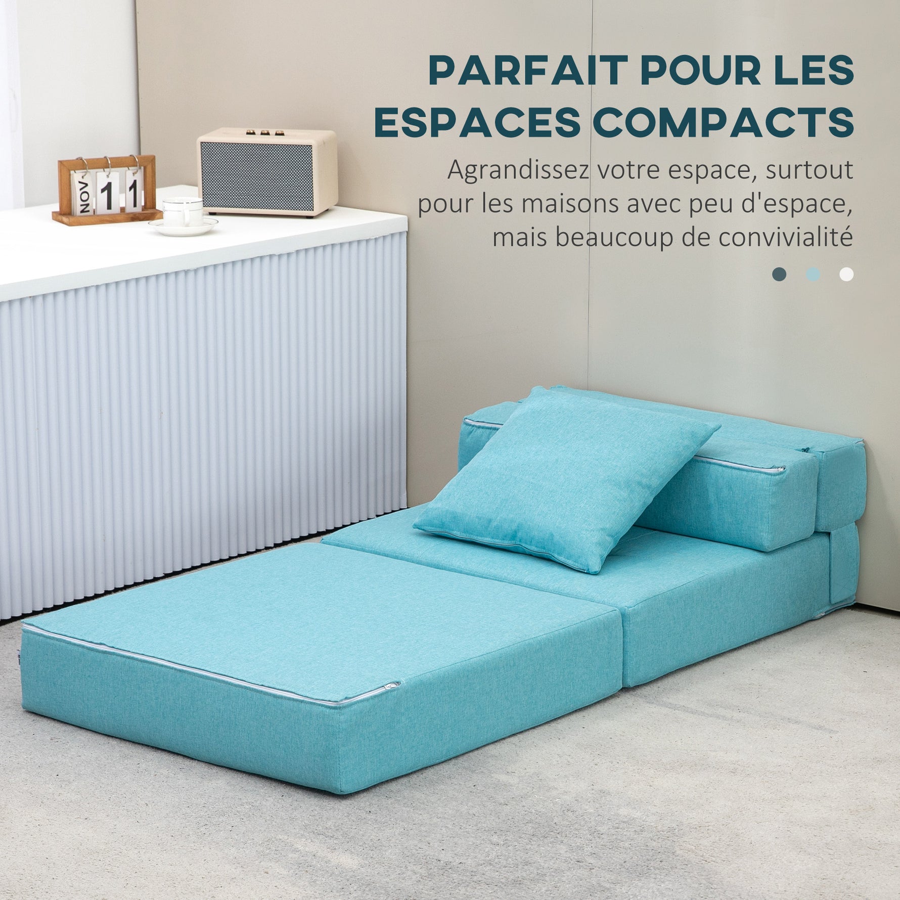 Chauffeuse canapé-lit convertible fauteuil 1 place avec 1 coussin déhoussable, tissu bleu