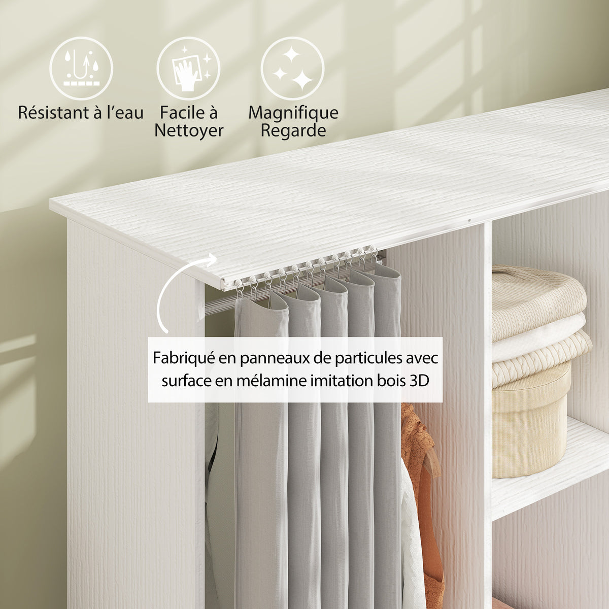 Armoire penderie Meuble de Rangement Mobile 6 roulettes 120L x 40l x 128H cm en bois blanc