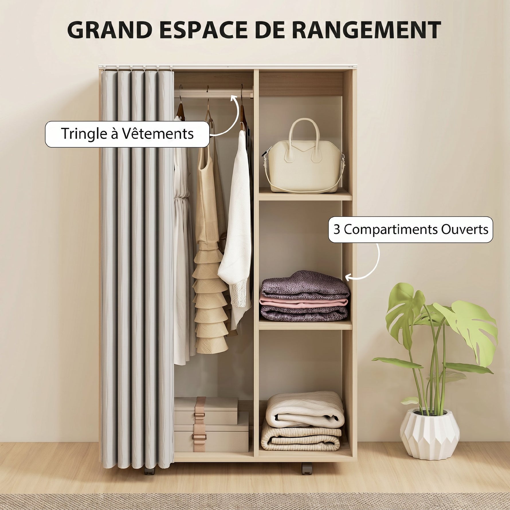 Armoire penderie vêtement dressing mobile 4 roulettes tringle à vêtements et étagères 80x40x128cm, effet bois naturel