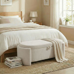 Banc de rangement, bout de lit ovale en polaire Teddy avec assise large, 129 x 48,5 x 44 cm, crème