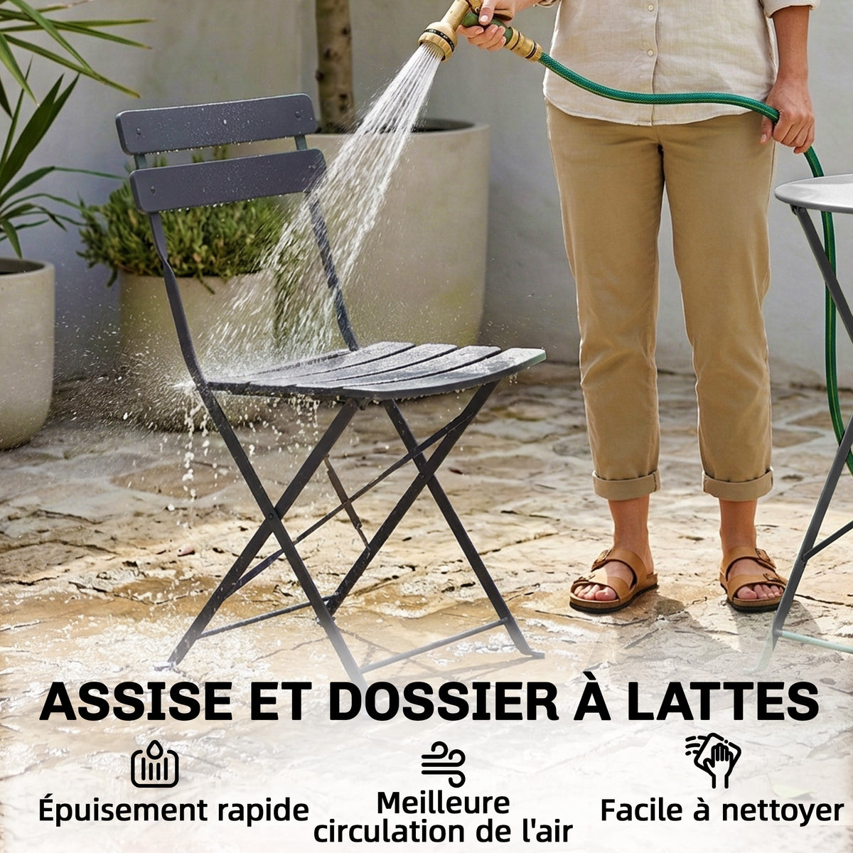 Ensemble Bistrot de Jardin 3 Pièces Table et 2 Chaises Pliantes à Lattes Double Protection Antirouille Noir