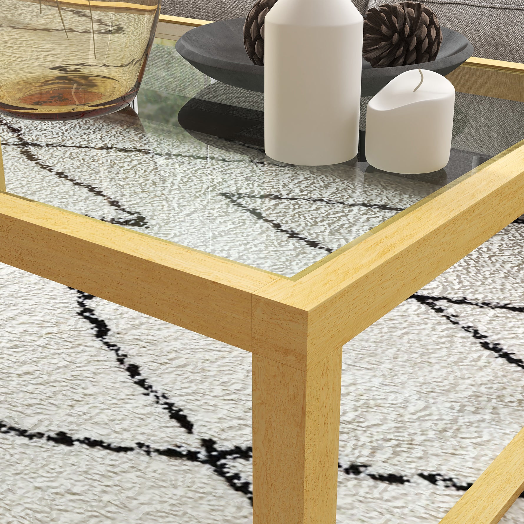 Table basse rectangulaire table de salon avec plateau en verre trempé cadre en bois d'hévéa dim. 100L x 60l x 35H cm