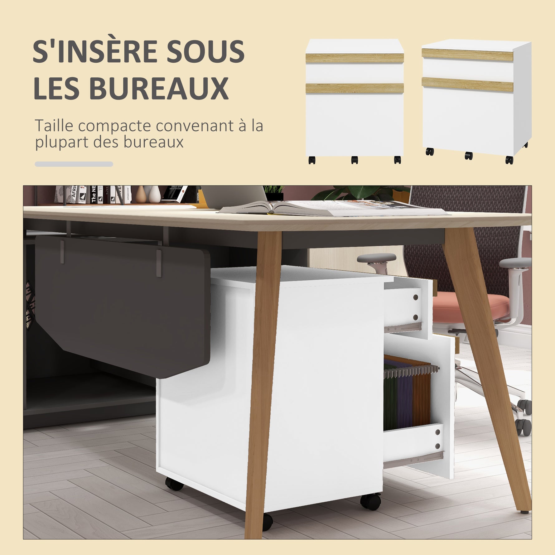 Caisson de bureau à roulettes avec 2 tiroirs coulissants trieur à dossiers 48 x 40 x 59,5 cm blanc