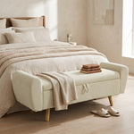 Banc de rangement 73 L, coffre de rangement rembourré en velours côtelé avec accoudoirs et pieds en bois d'hévéa, beige