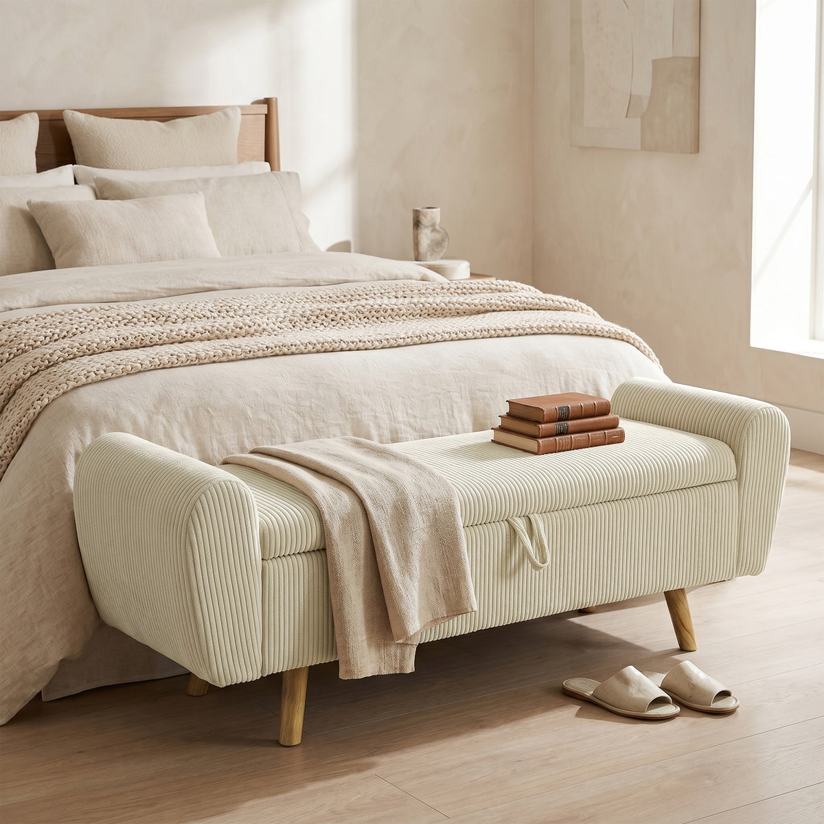 Banc de rangement 73 L, coffre de rangement rembourré en velours côtelé avec accoudoirs et pieds en bois d'hévéa, beige