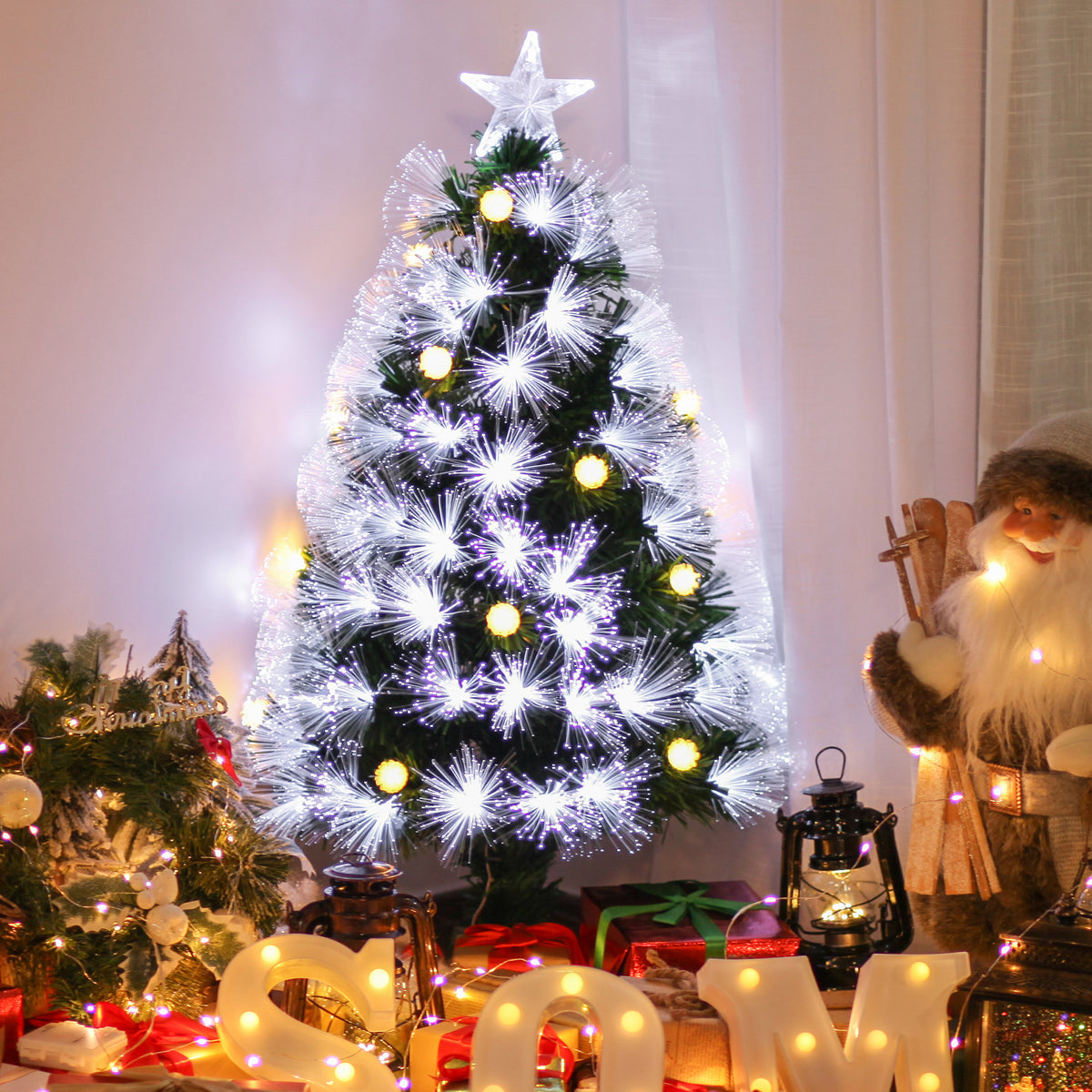 Sapin de Noël Artificiel Lumineux 90H cm Fibre Optique LED + 14 Ampoules + Support Pied 90 Branches étoile Sommet Brillante Vert