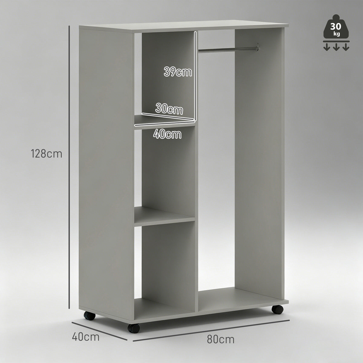 Armoire penderie meuble de rangement mobile 4 roulettes avec tringle à vêtements et étagères ouvertes, gris
