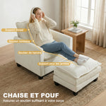 Fauteuil salon avec repose-pied, canapé 1 place en chenille, assise large, rembourrage double couche, 85x128x86cm, crème