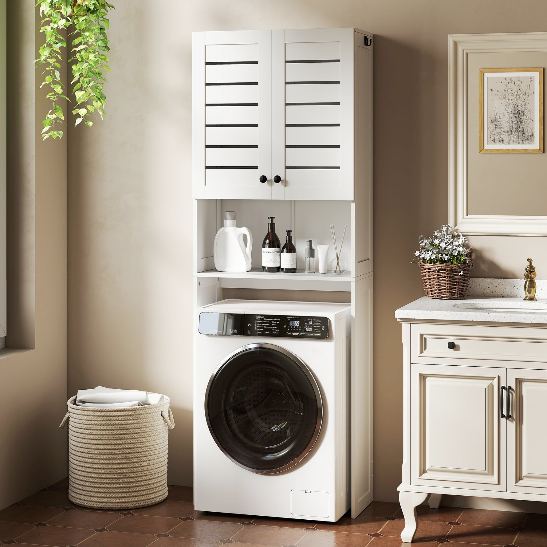 Meuble WC dessus de toilette/machine à laver avec placard à porte double, portes à persiennes, 67x31,5x190cm, blanc