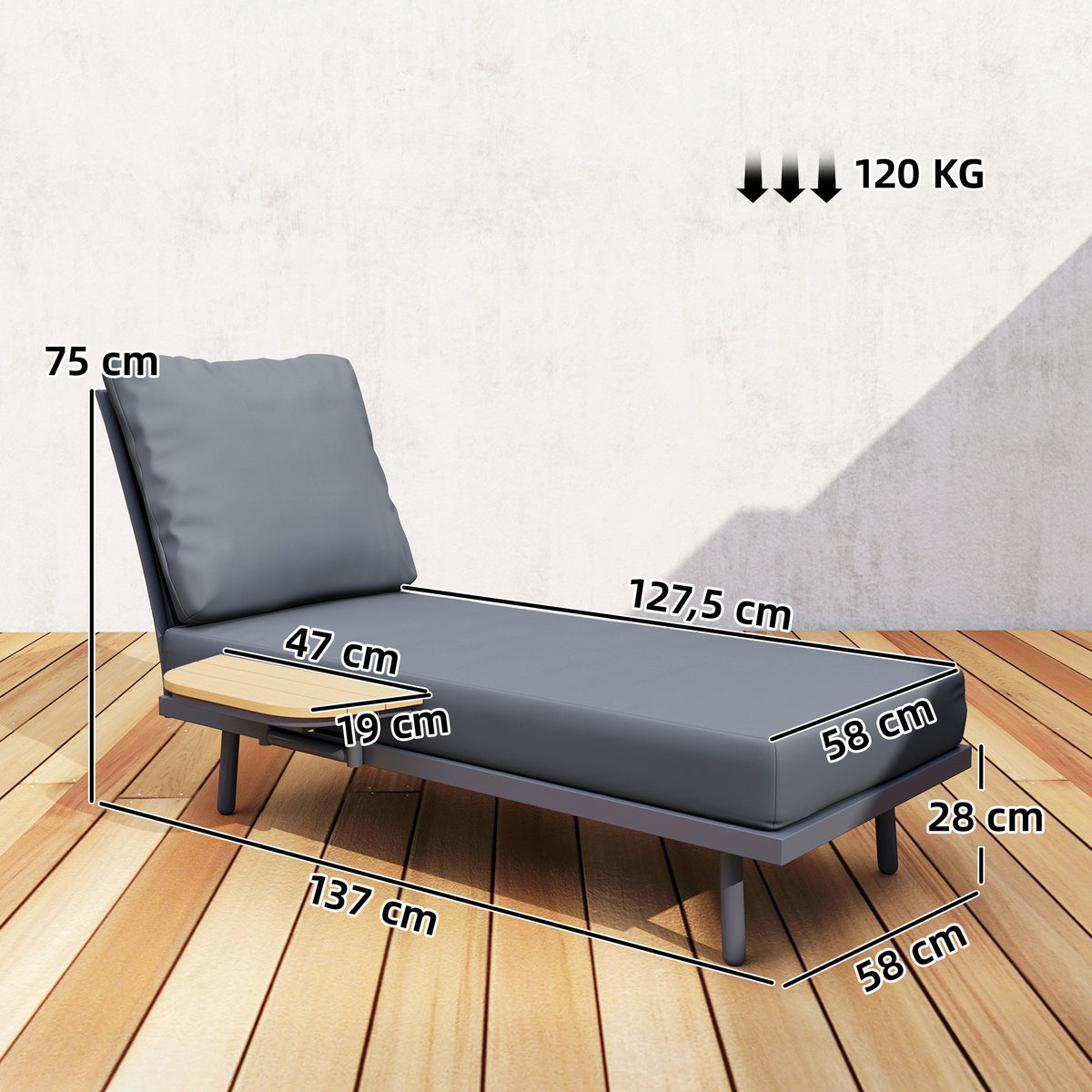 Chaise Longue de Jardin avec Coussins Lavables en Oléfine et Étagère Latérale, Cadre en Métal, 58x137x75cm, Gris