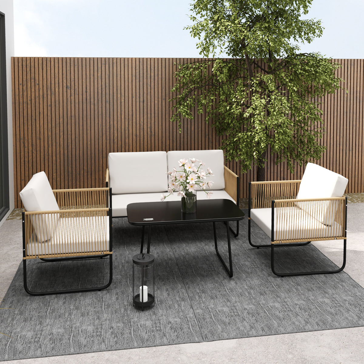 Conjunto de jardín de 4 piezas con sofá de 2 plazas, 2 sillones, 1 mesa de centro de cristal y cojines – blanco crema