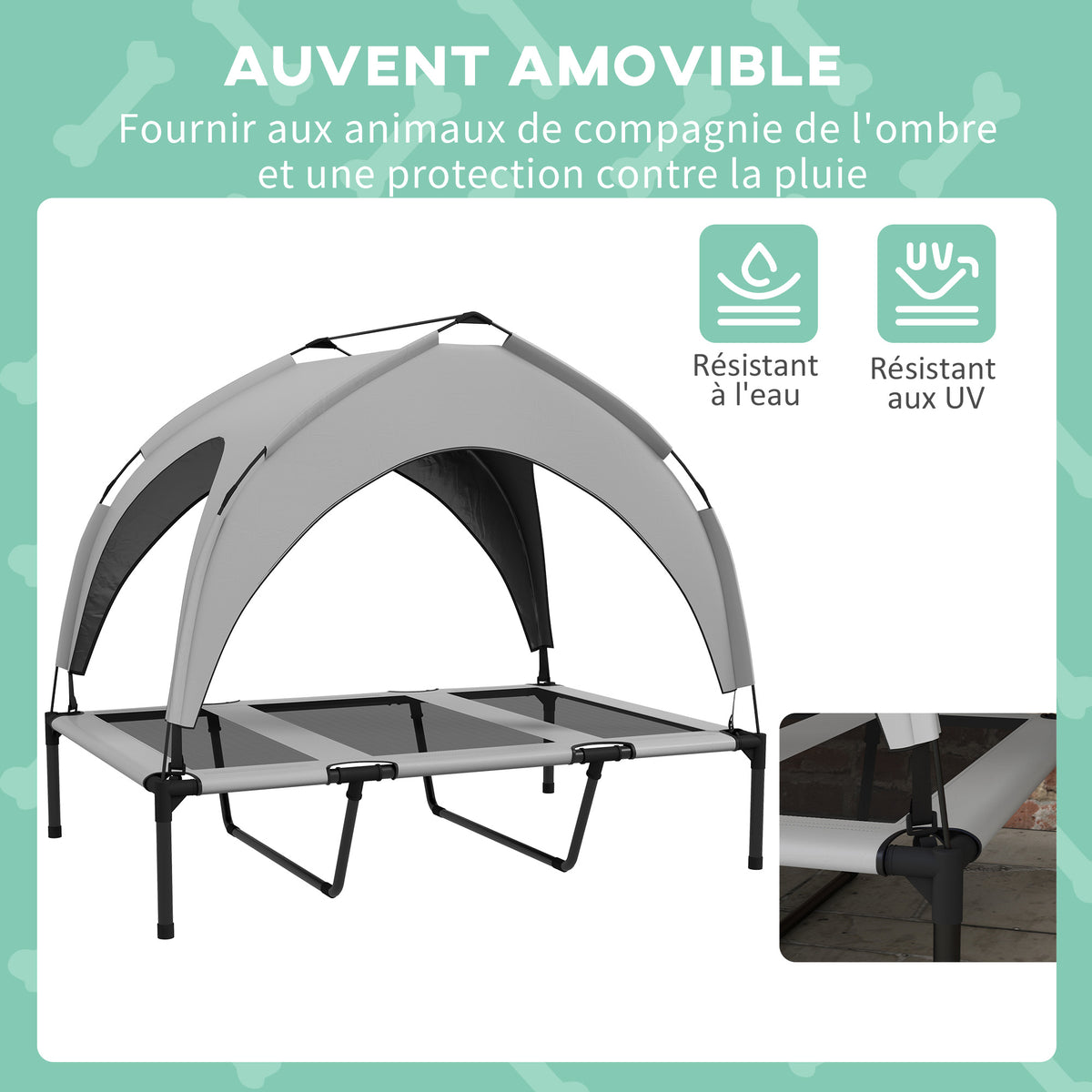 Lit pour chien chat sur pieds grand confort velum anti-UV oxford sac de transport inclus106 x 76 x 94 cm gris
