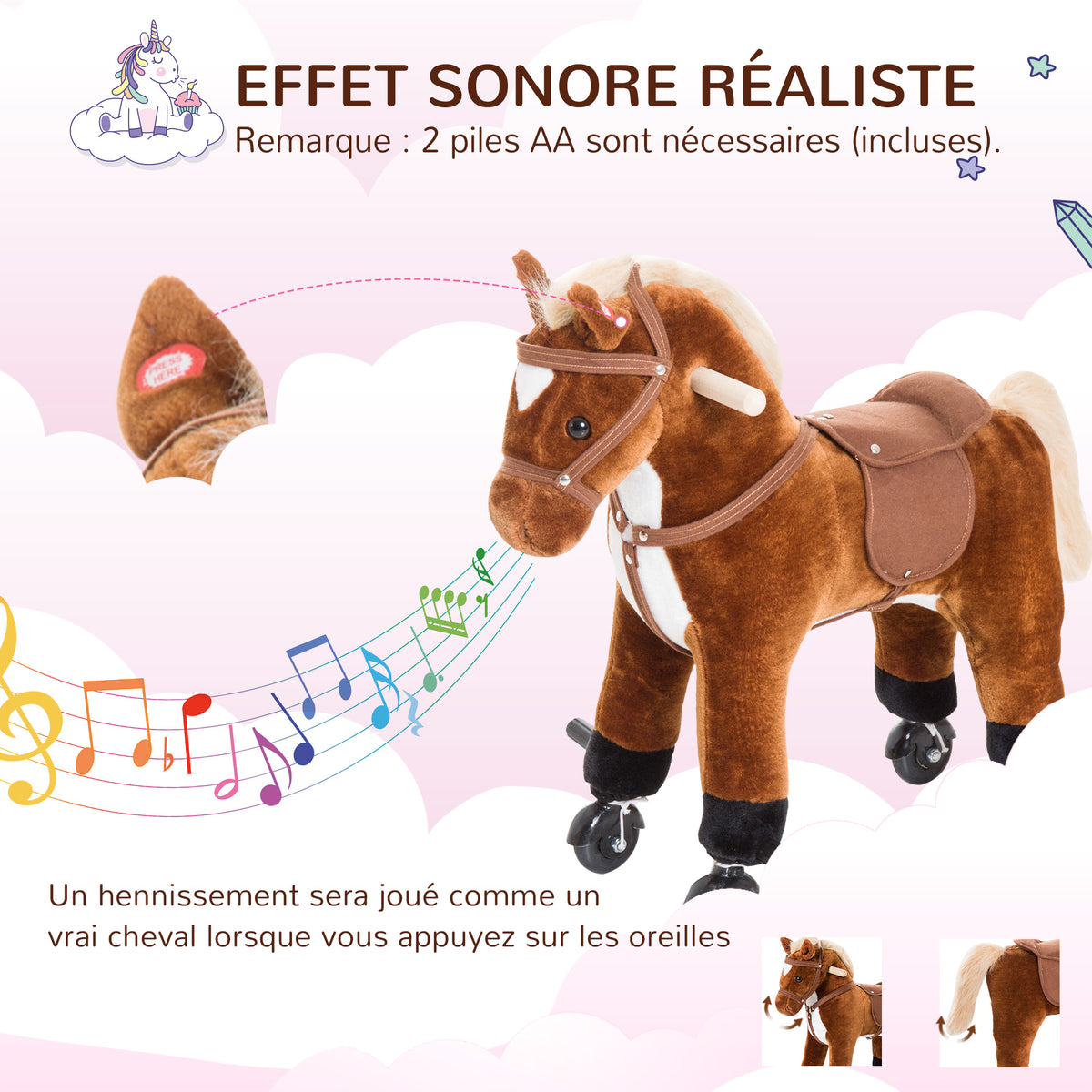 Jouet cheval pour enfant de +24 mois avec 4 roulettes, effet sonore, repose-pieds et guidon, 55x23x60 cm Marron