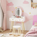 2-in-1 children's vanity and desk for girls with 3-color LED mirror and stool 60x30x99.3 cm white