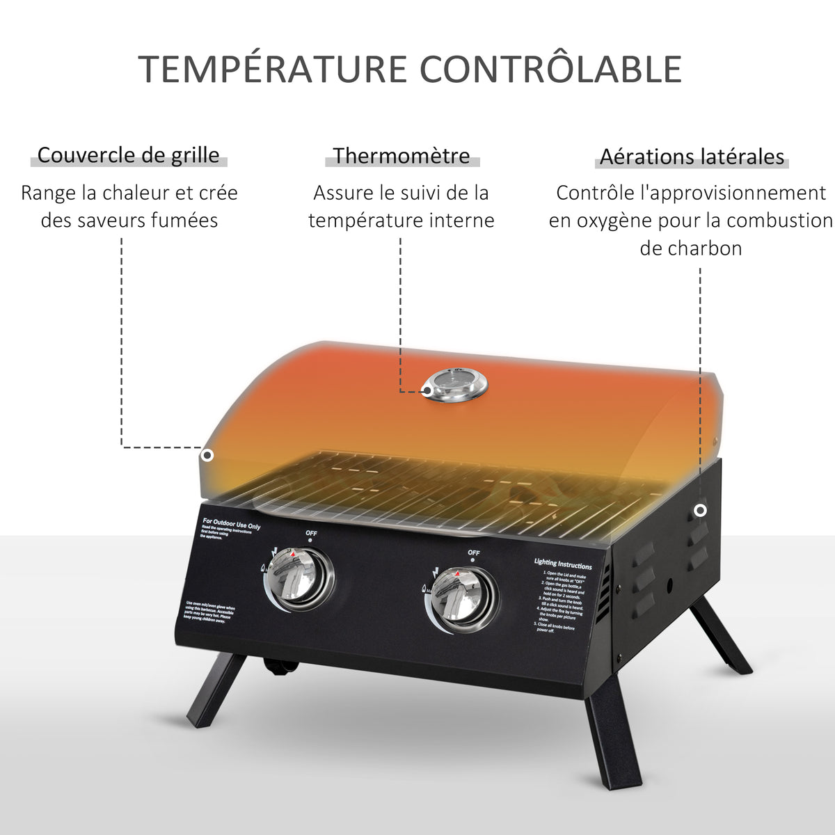 Barbecue gaz de Table transportable Pieds Pliables - 2 brûleurs 5 KW - Barbecue gaz de Camping - Grille de