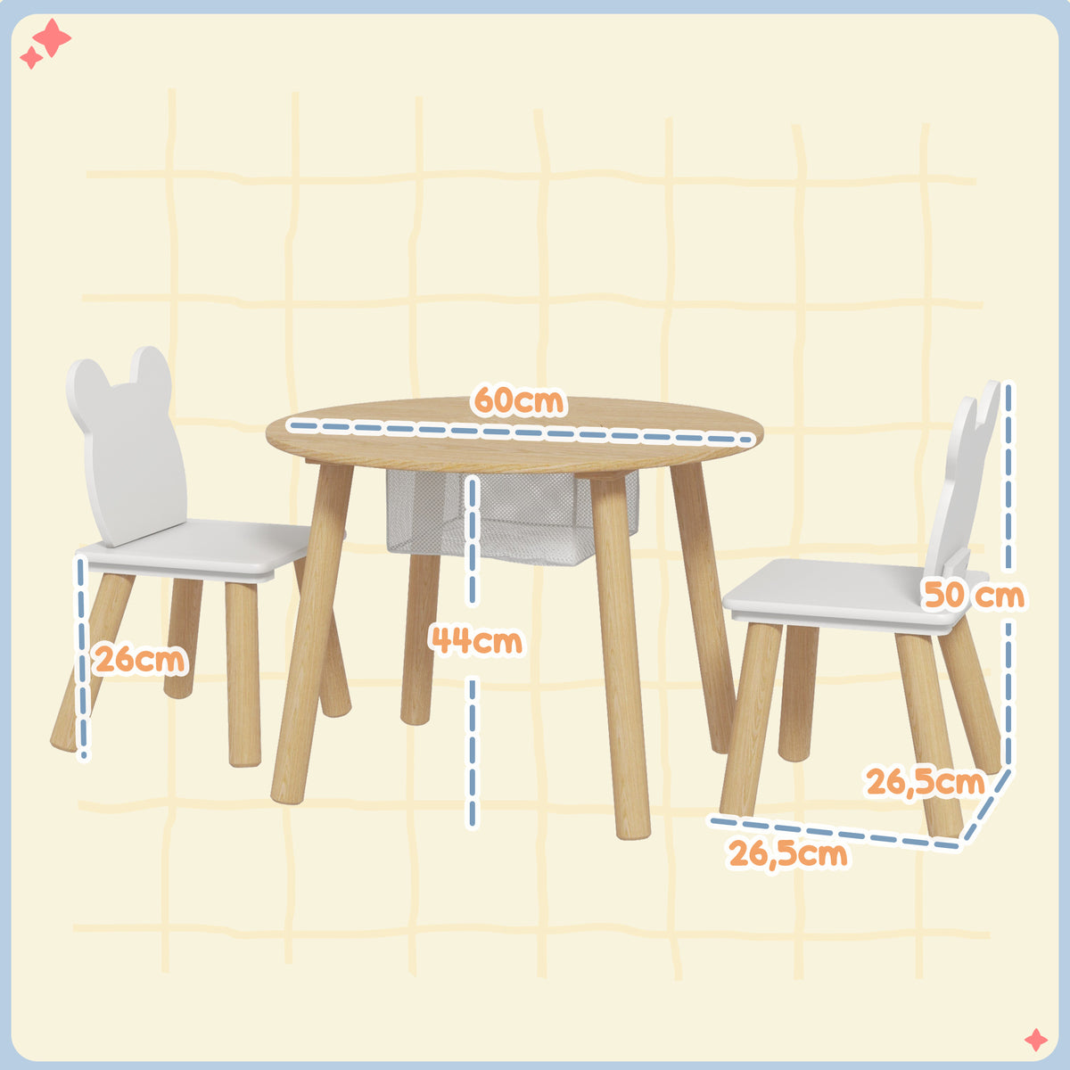 Ensemble 1 table ronde, 2 chaises pour enfant 3 pièces, dossier en forme d'ours, activités, bricolage, repas, 3-6 ans