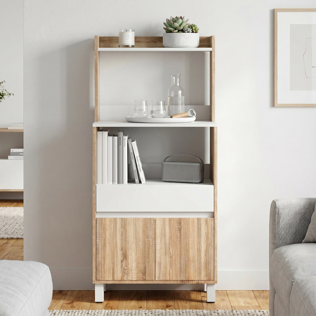 Meuble Micro-Ondes, Buffet Cuisine avec Tiroir, 2 Portes à Fermeture Douce, Plan de Travail et Étagères Ouvertes, Chêne